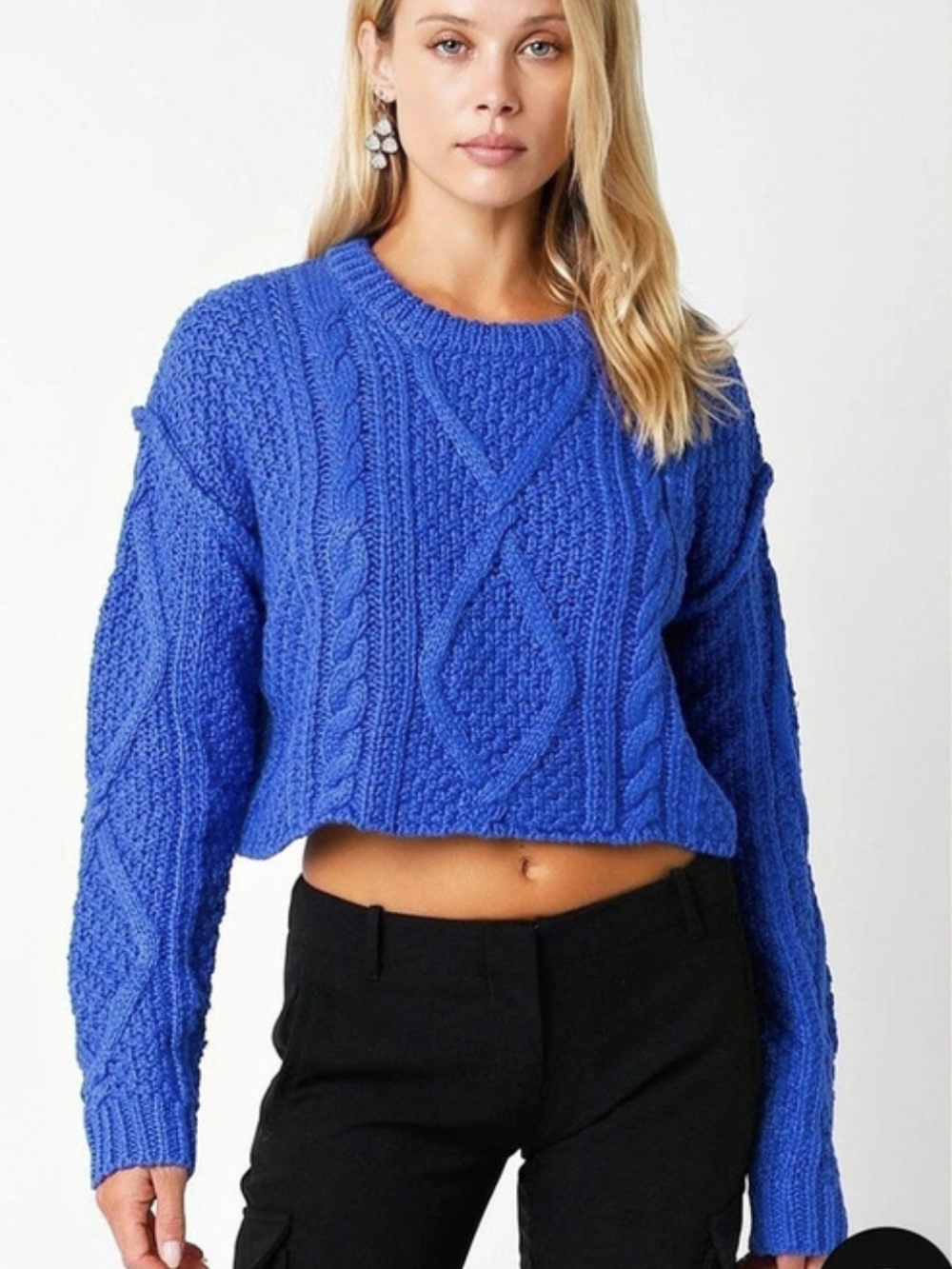 Olivaceous-Cable Knit Cropped Sweater in Blue Size Small NWT
